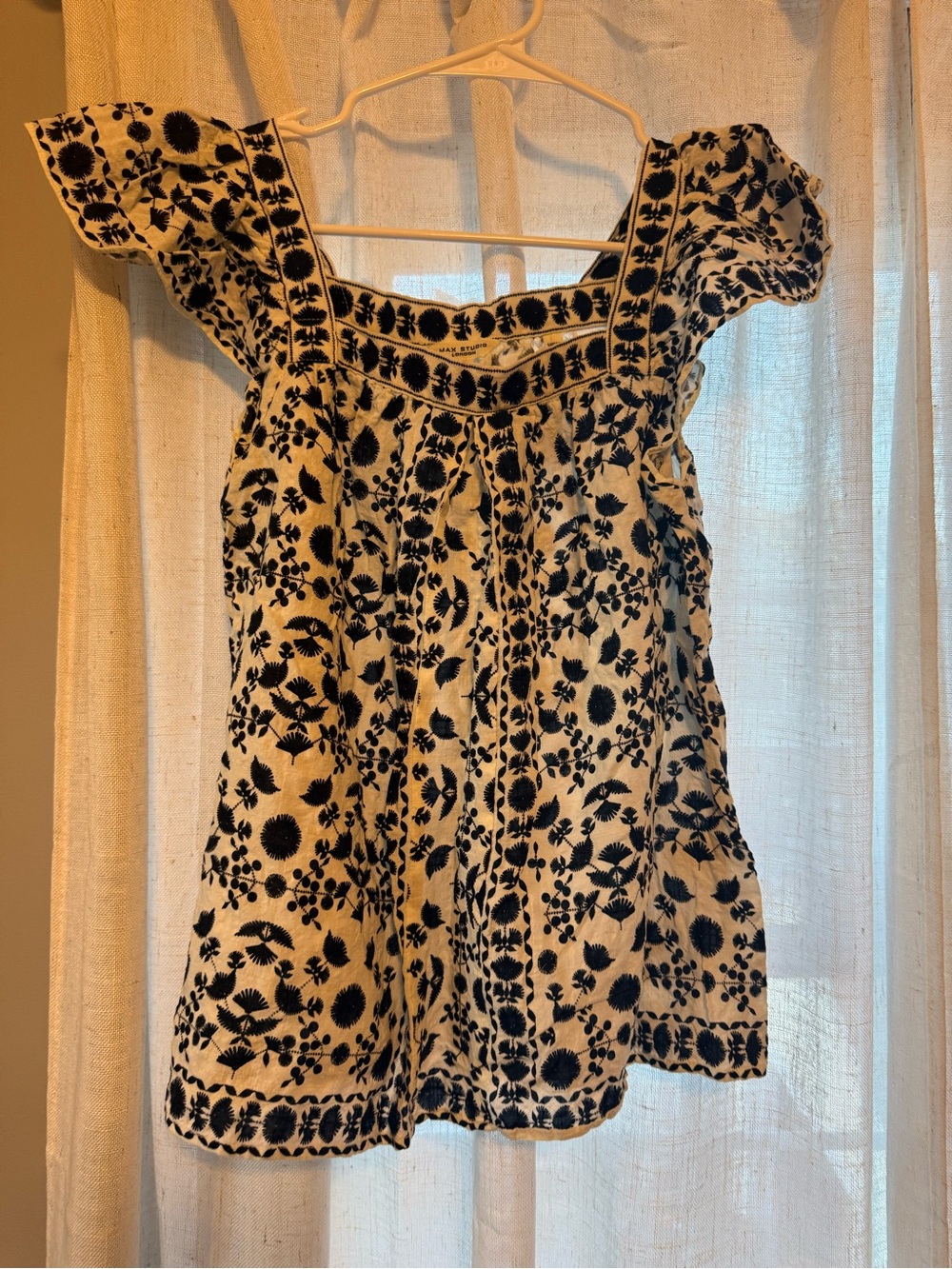 Max Studio Cream Tunic with Black Floral Embroidery
